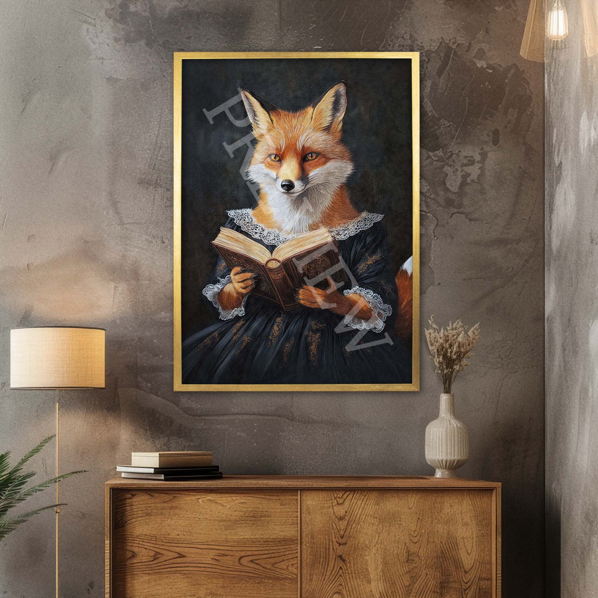 Fox_Reading_Book_Gold_Frame_-_Vintage_Panda_Designs