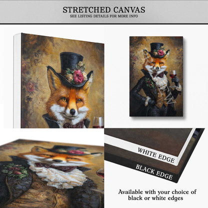 A canvas wall art mockup showing a fox dressed in formalwear with a top hat and flowers, presented in multiple views including stretched canvas, a smaller vertical canvas, and a close-up of the print edge with text noting white or black edge options.