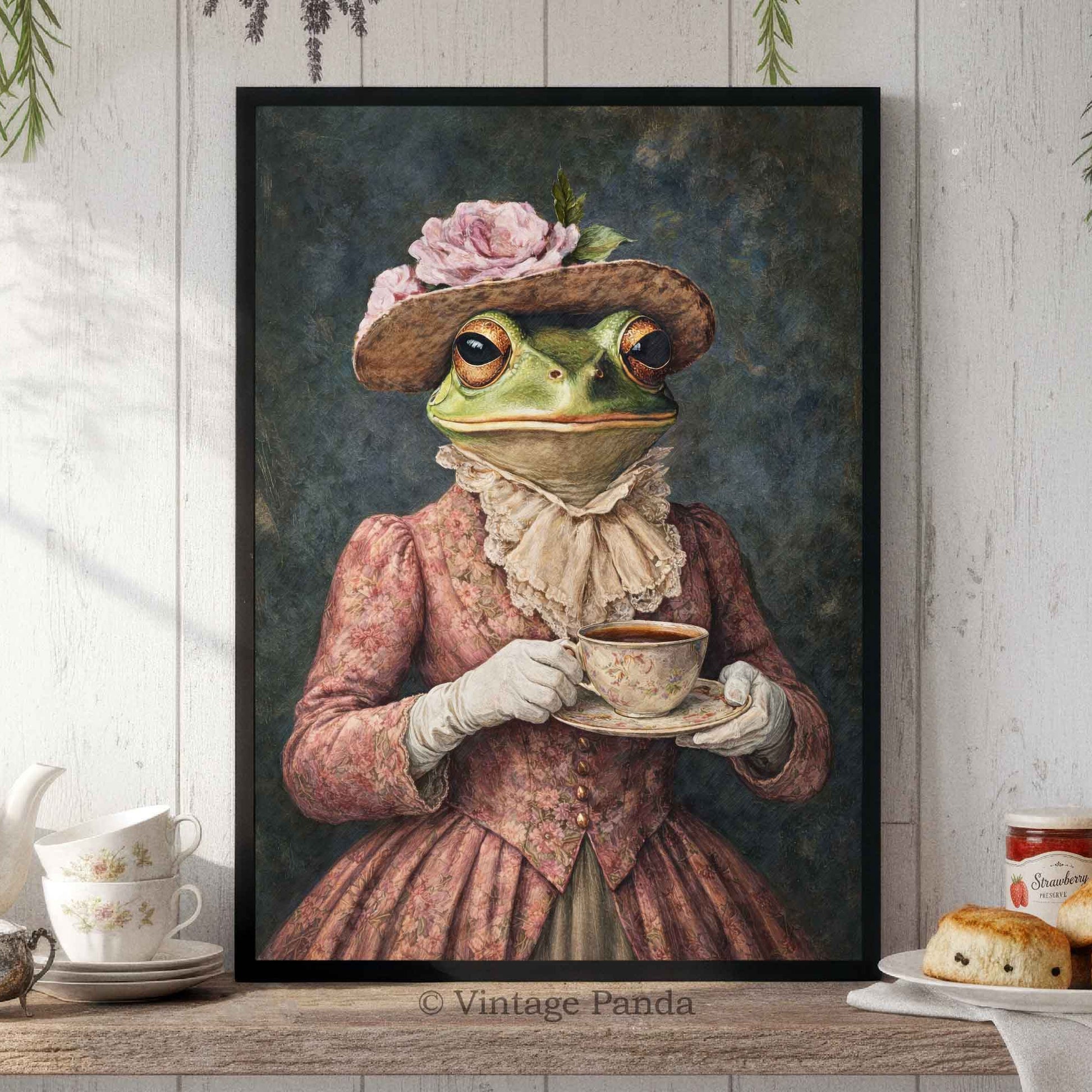 Frog_Lady_with_Tea_Portrait_Featured_by_Vintage_Panda_Designs