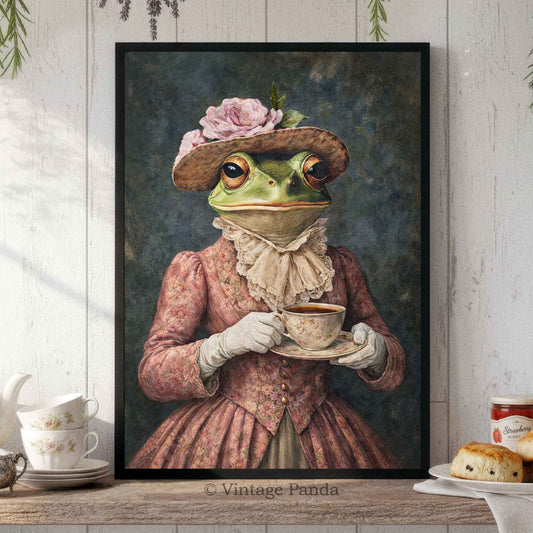 Frog_Lady_with_Tea_Portrait_Featured_by_Vintage_Panda_Designs