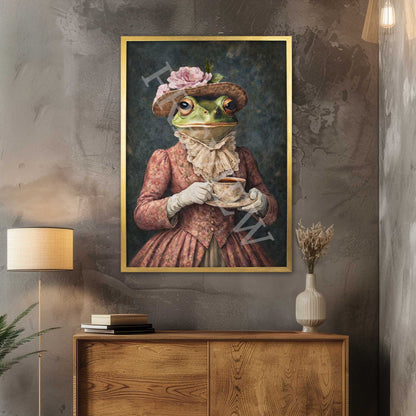 Frog_Lady_with_Tea_Portrait_Gold_Frame_-_Vintage_Panda_Designs