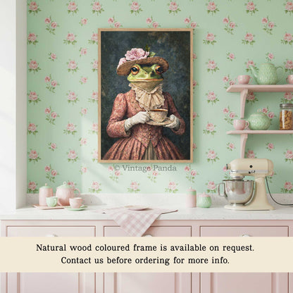 Frog_Lady_with_Tea_in_Natural_Wood_Frame_in_Vintage_Retro_Pastel_Pink_and_Green_Kitchen_Copyright_Vintage_Panda_Designs_-_W