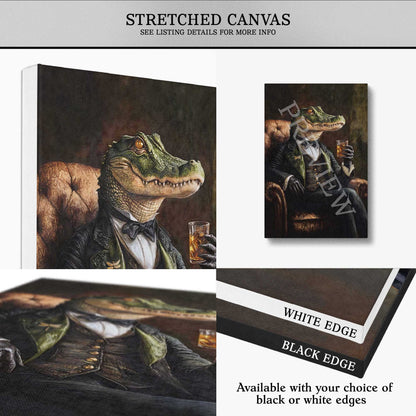 Stretched canvas print of a crocodile in formal attire with a glass of whisky, featuring white or black edges.
