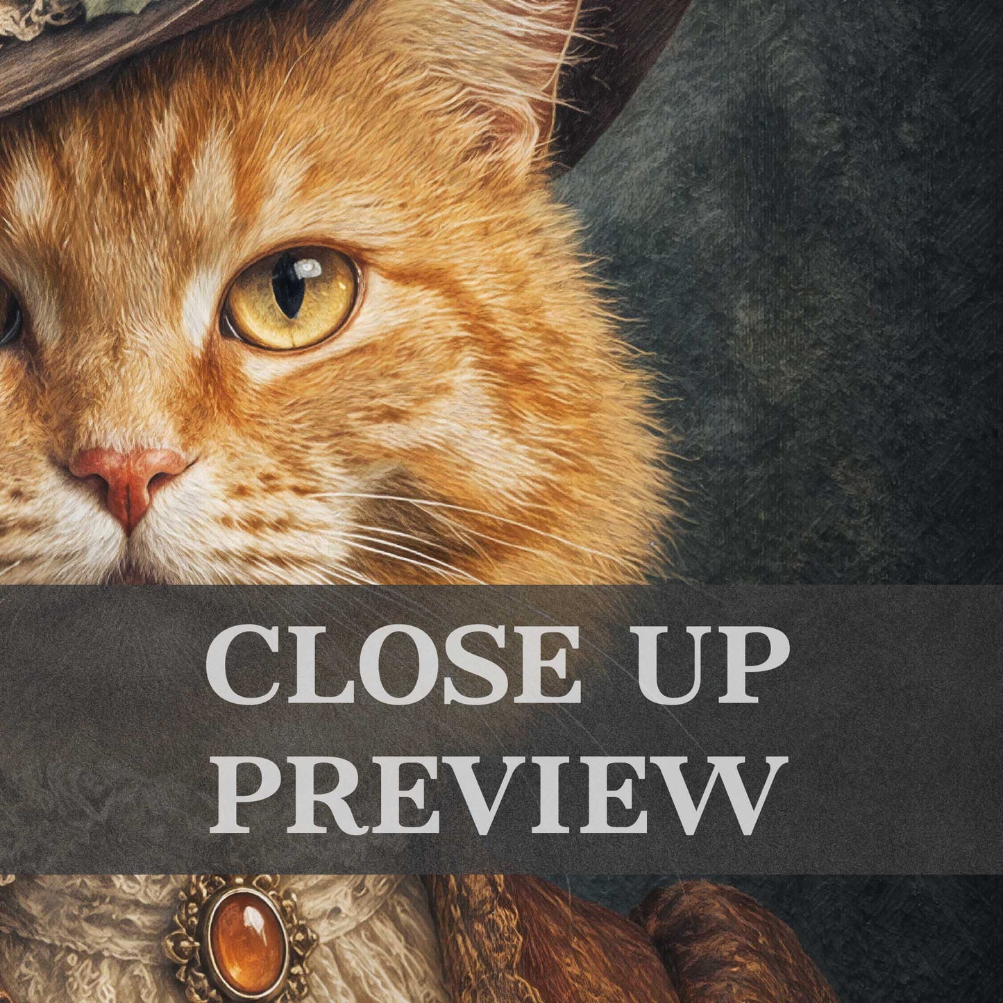 A close-up portrait of an orange tabby cat wearing a hat and ornate clothing