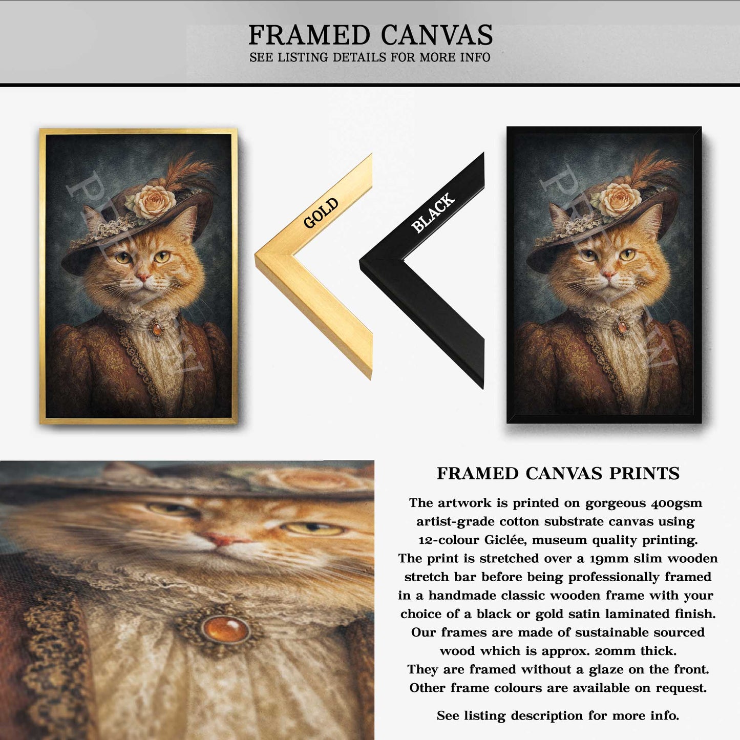 Framed canvas print product listing showing a cat in historical clothing artwork, with a gold frame option, a black frame option, and a close-up of the printed canvas texture. Text describes the art print and frame details.