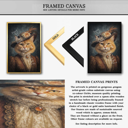 Framed canvas print product listing showing a cat in historical clothing artwork, with a gold frame option, a black frame option, and a close-up of the printed canvas texture. Text describes the art print and frame details.