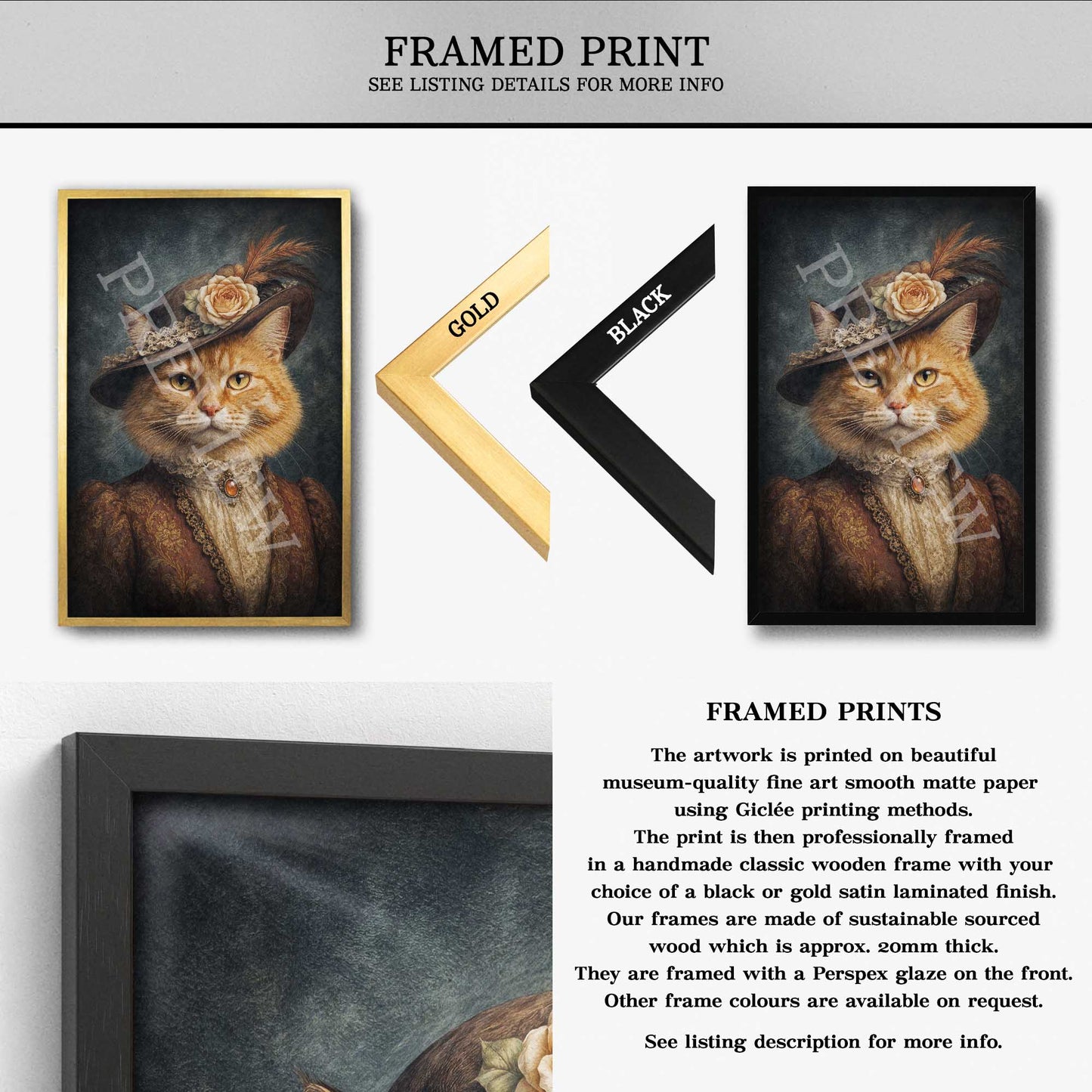 Framed art print listing showing a portrait of a cat in a hat, with two frame options labeled gold and black, plus descriptive text about the framed prints.