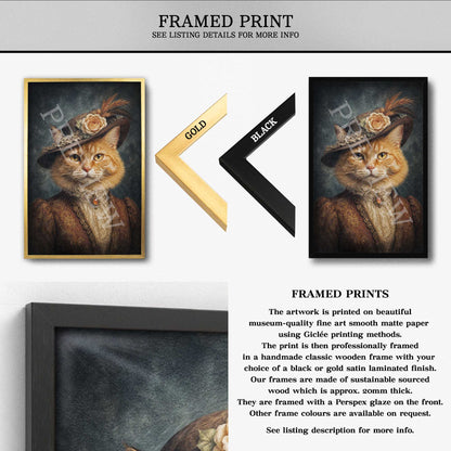 Framed art print listing showing a portrait of a cat in a hat, with two frame options labeled gold and black, plus descriptive text about the framed prints.