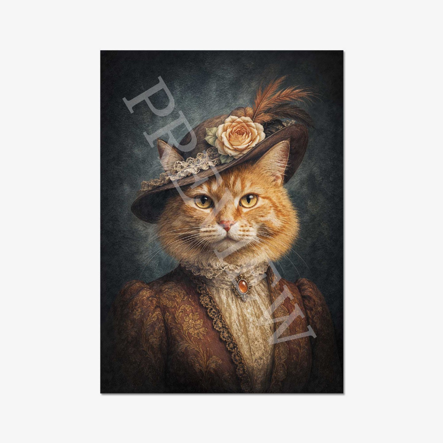 A vertical art print featuring a portrait of an orange tabby cat dressed in vintage clothing and a decorative hat with a rose, shown against a dark painted background. 