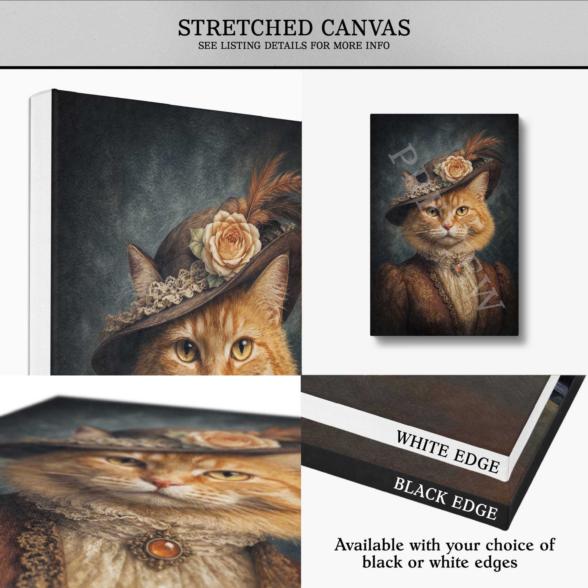A stretched canvas art print featuring a vintage-style portrait of an orange tabby cat wearing a hat with a rose, shown in multiple views on a light gray background. Text at the top reads 'STRETCHED CANVAS' and text at the bottom notes white or black edge options.