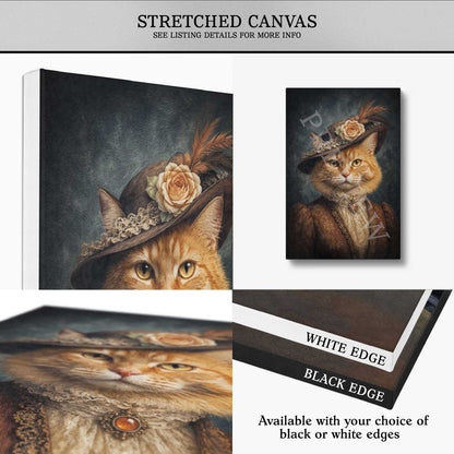A stretched canvas art print featuring a vintage-style portrait of an orange tabby cat wearing a hat with a rose, shown in multiple views on a light gray background. Text at the top reads 'STRETCHED CANVAS' and text at the bottom notes white or black edge options.