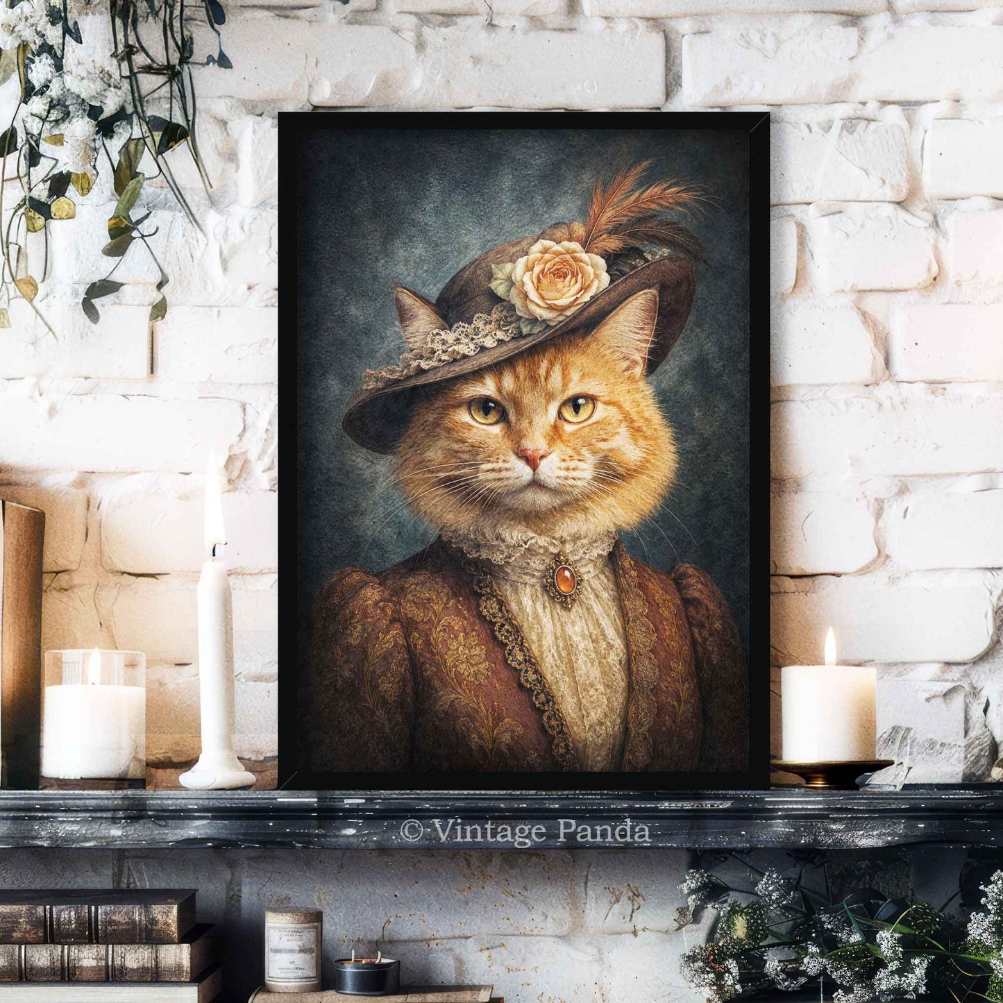 A framed vertical portrait painting of an orange tabby cat dressed in vintage clothing and a hat with a flower, displayed on a dark mantelpiece against a white brick wall with candles and books around it.