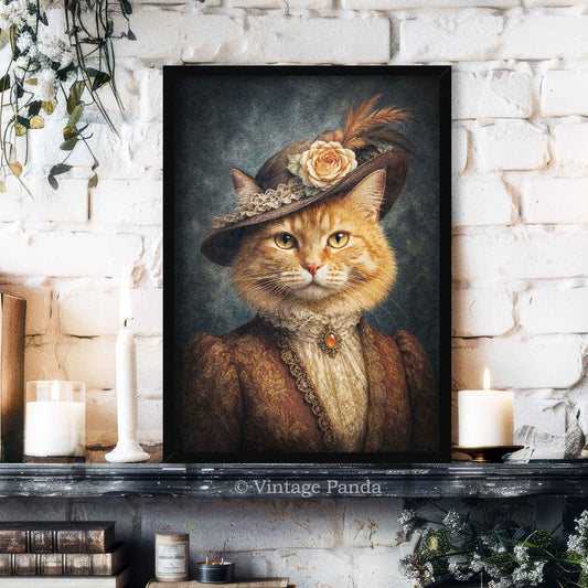 A framed vertical portrait painting of an orange tabby cat dressed in vintage clothing and a hat with a flower, displayed on a dark mantelpiece against a white brick wall with candles and books around it.