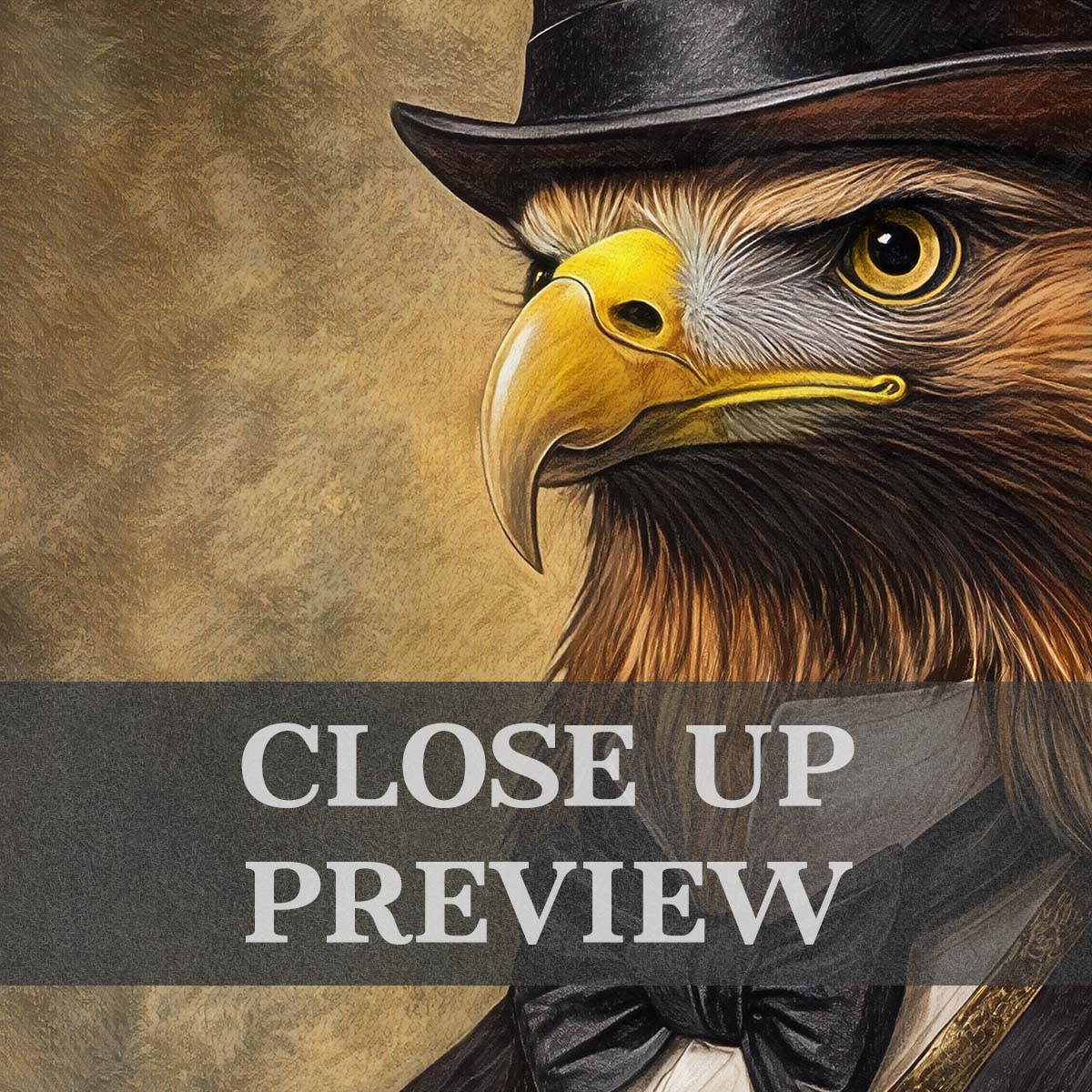 Golden Eagle Gentleman Wall Art Print Close Up by Vintage Panda Designs