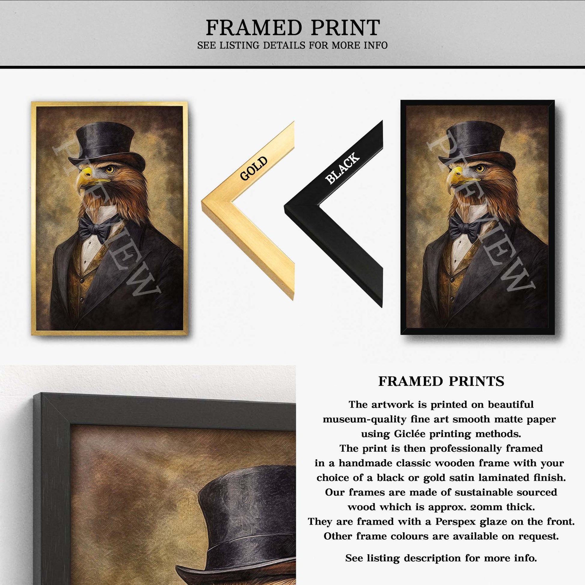 Golden Eagle Gentleman Wall Art Print Framed Print by Vintage Panda Designs