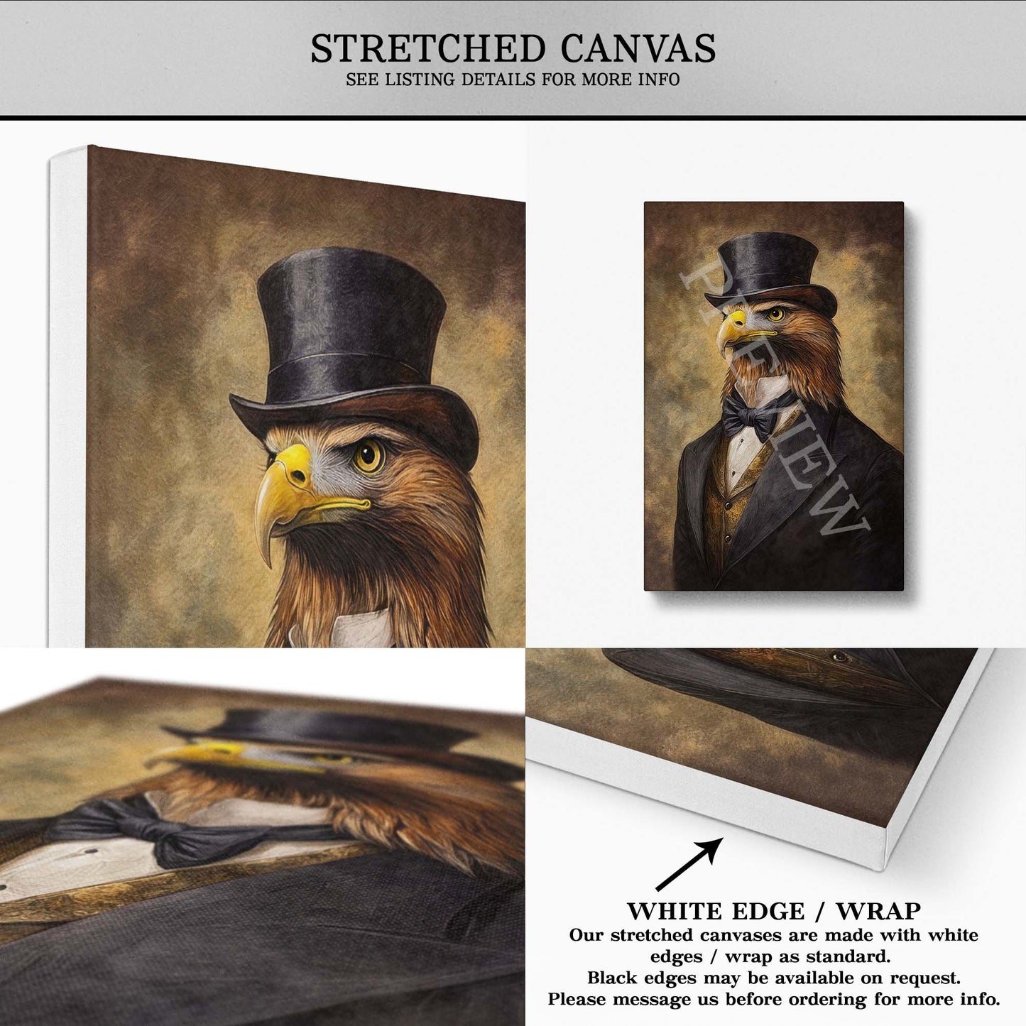 Golden Eagle Gentleman Wall Art Print Stretched Canvas by Vintage Panda Designs