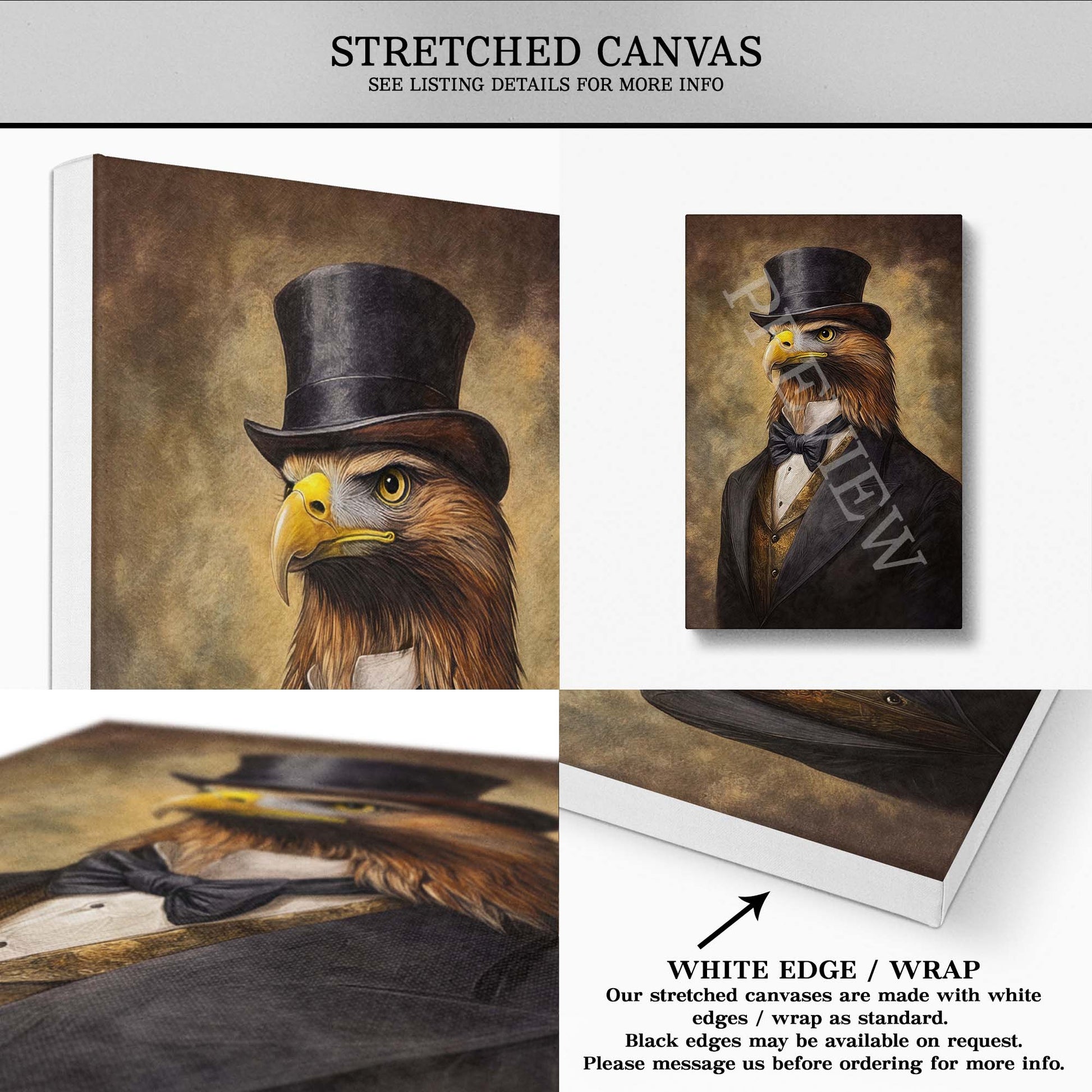 Golden Eagle Gentleman Wall Art Print Stretched Canvas by Vintage Panda Designs