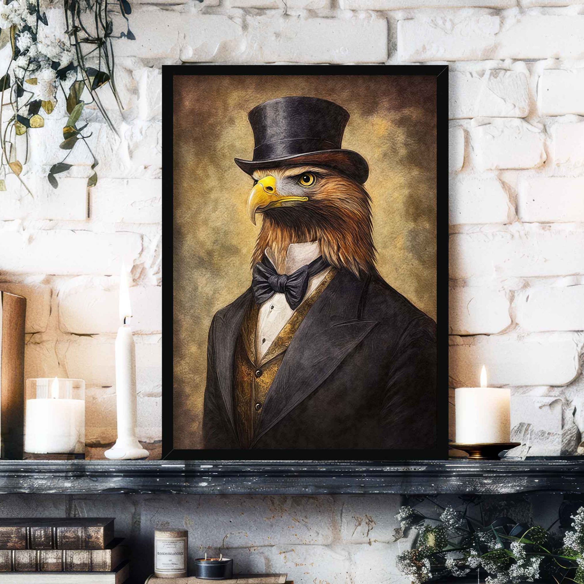 Golden Eagle Gentleman Wall Art Print in Black Frame by Vintage Panda Designs