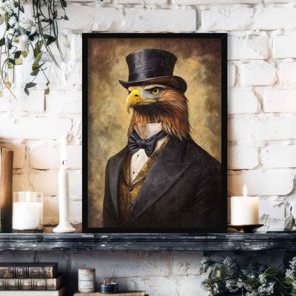 Golden Eagle Gentleman Wall Art Print in Black Frame by Vintage Panda Designs