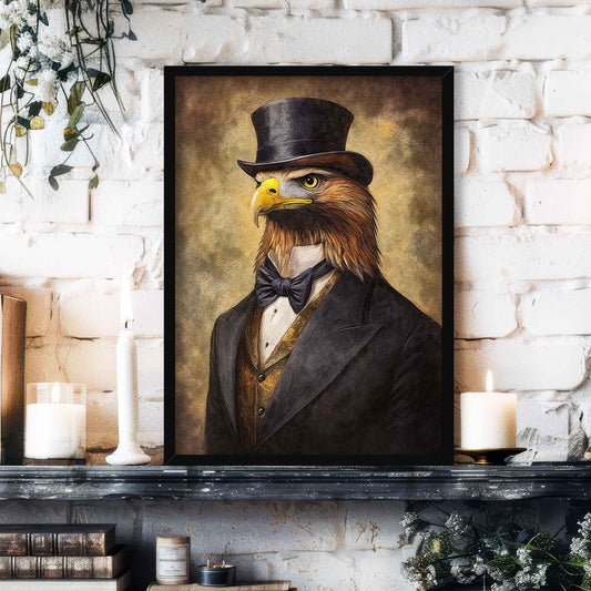 Golden Eagle Gentleman Wall Art Print in Black Frame by Vintage Panda Designs