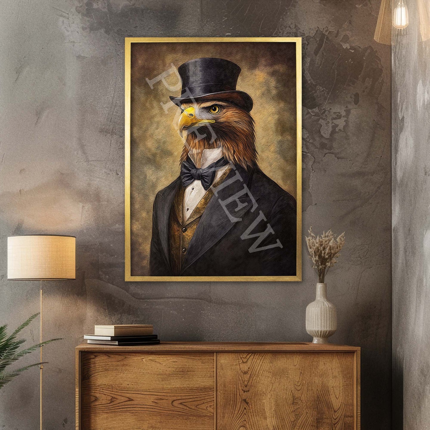 Golden Eagle Gentleman Wall Art Print in Gold Frame by Vintage Panda Designs