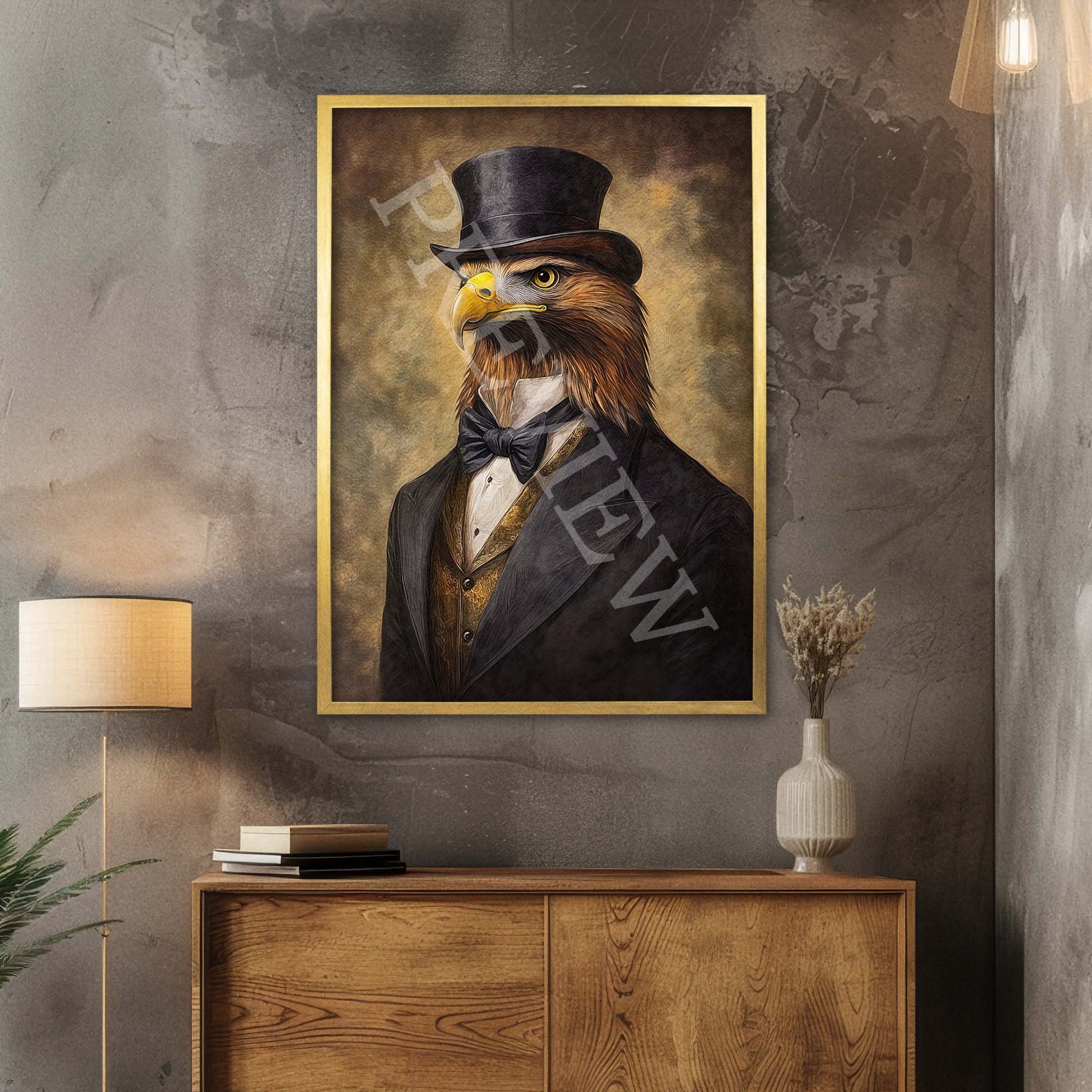 Golden Eagle Gentleman Wall Art Print in Gold Frame by Vintage Panda Designs