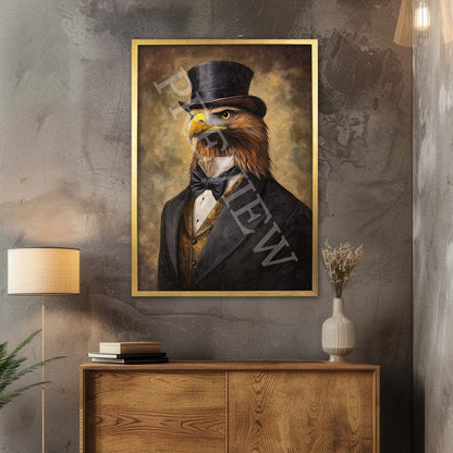 Golden Eagle Gentleman Wall Art Print in Gold Frame by Vintage Panda Designs