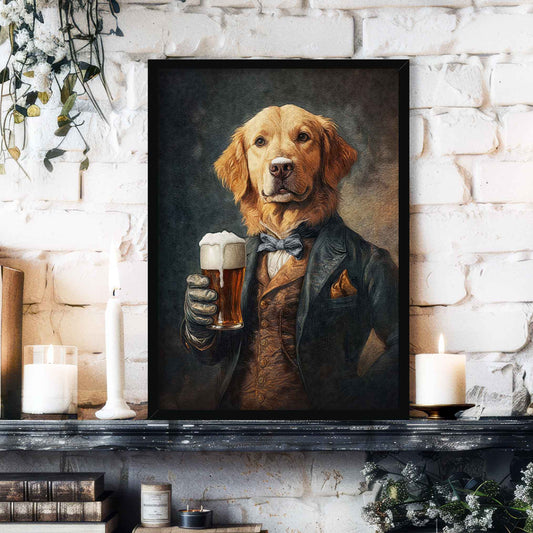 Golden Retriever Dog with Beer Print Black Frame - Vintage Panda Designs