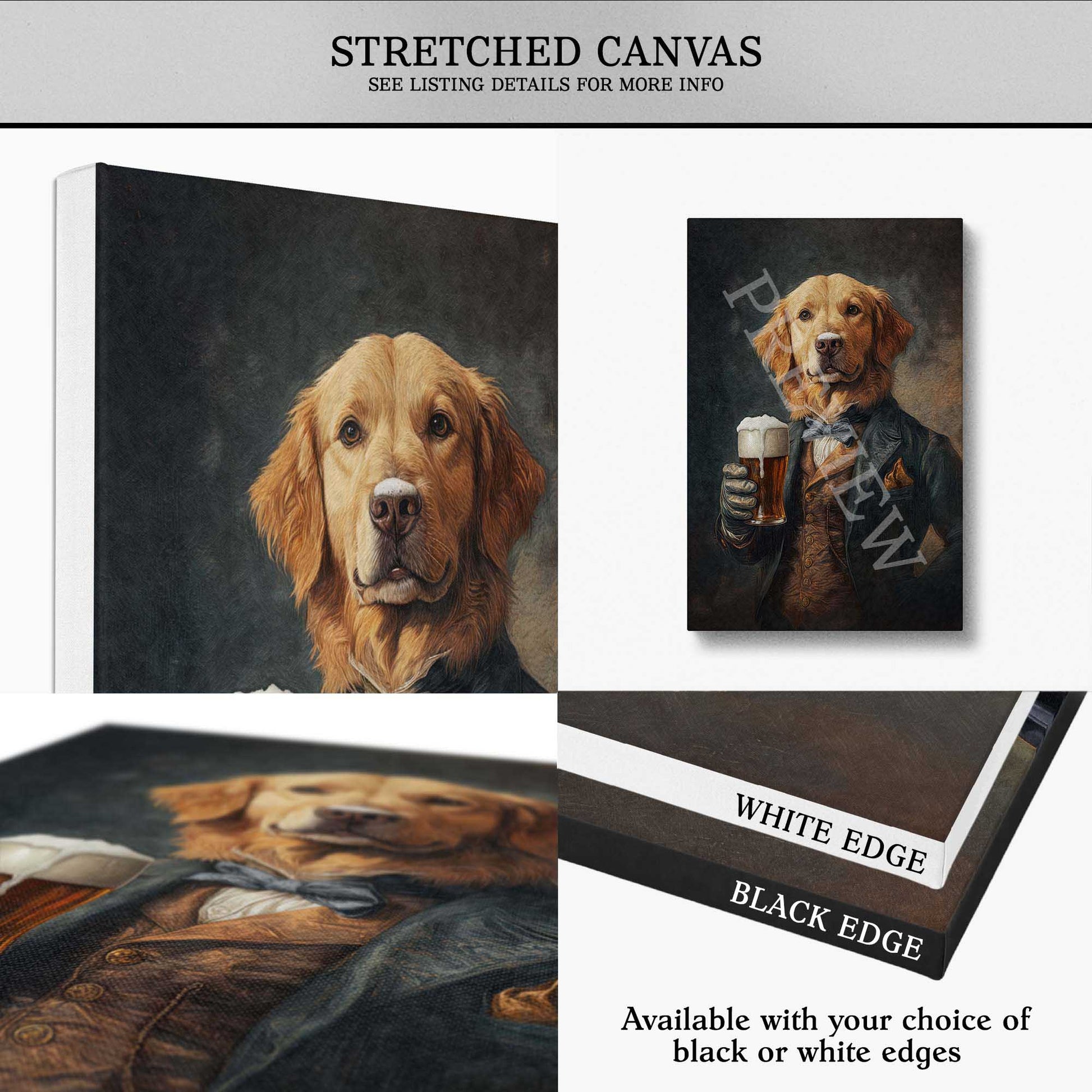 Collage of a stretched canvas print of a dog drinking beer with a white edge and black edge option.