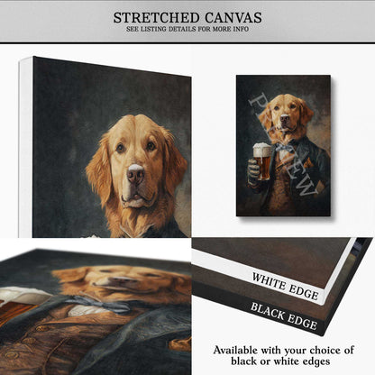 Collage of a stretched canvas print of a dog drinking beer with a white edge and black edge option.