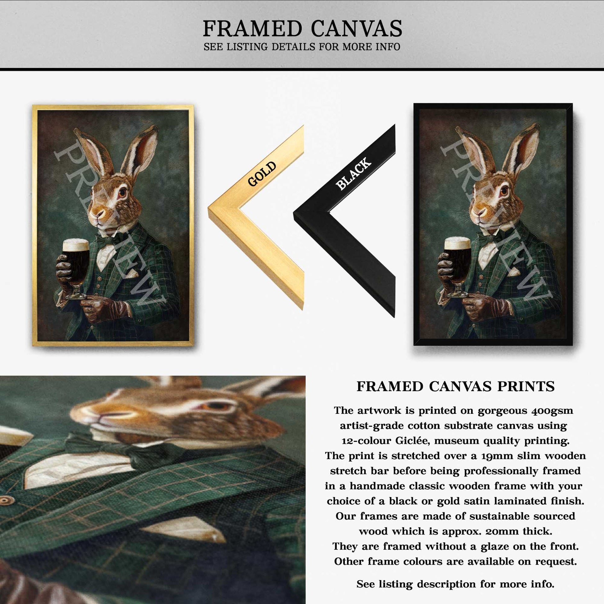 Hare Drinking Stout Wall Art Framed Canvas - Vintage Panda Designs