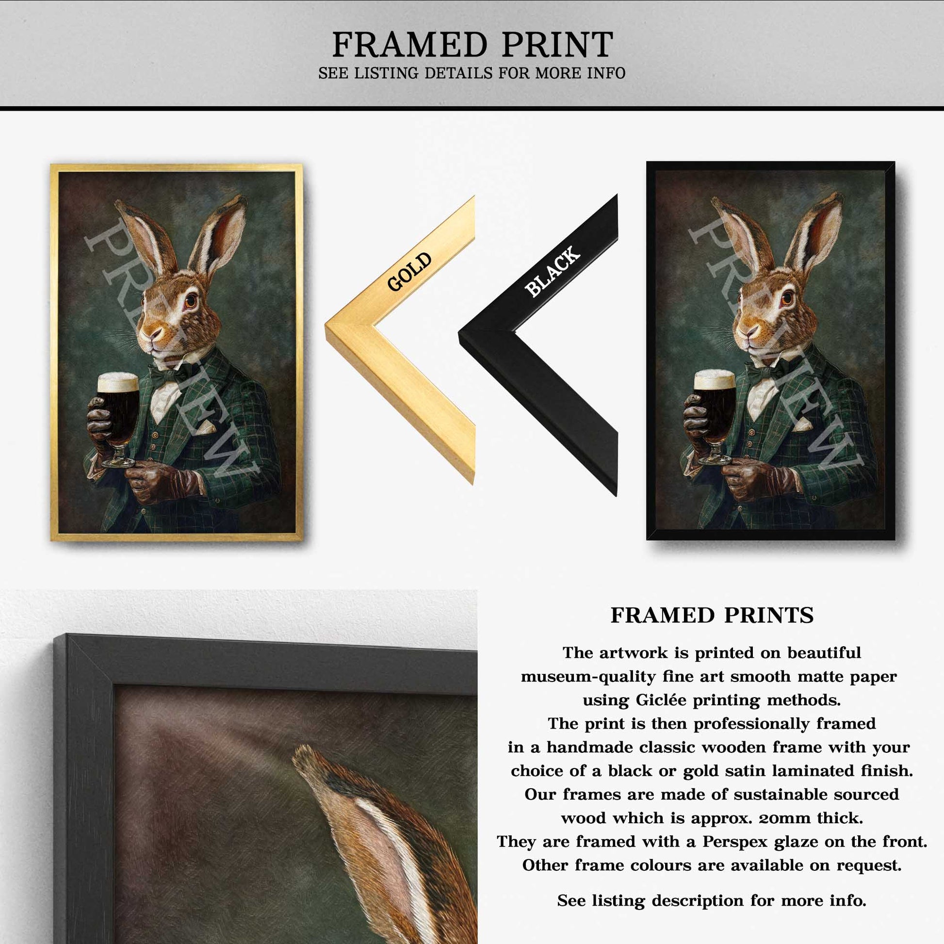 Hare Drinking Stout Wall Art Framed Print - Vintage Panda Designs