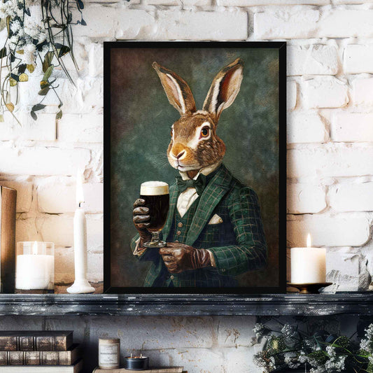 Hare Drinking Stout Wall Art Print Black Frame - Vintage Panda Designs