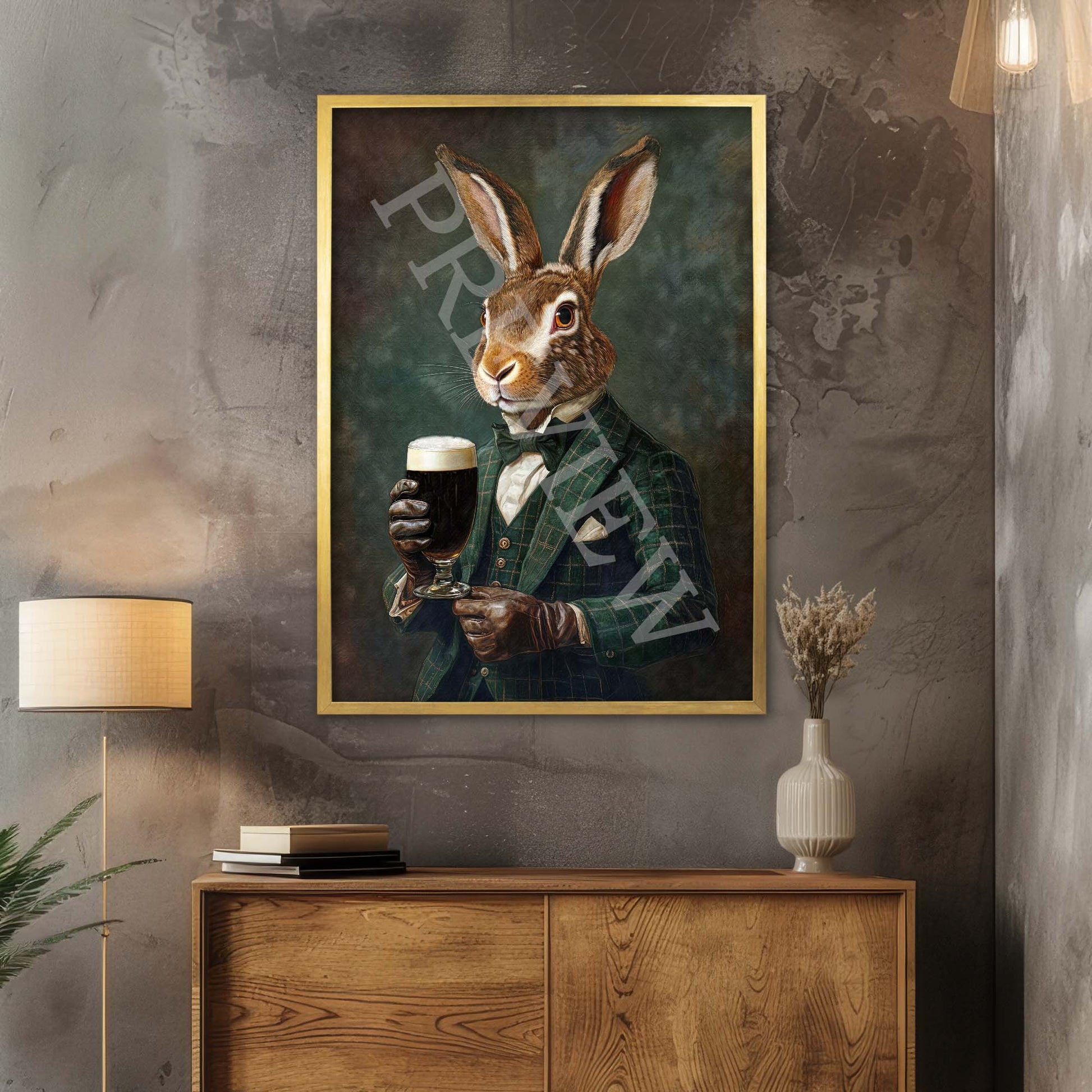 Hare Drinking Stout Wall Art Print Gold Frame - Vintage Panda Designs