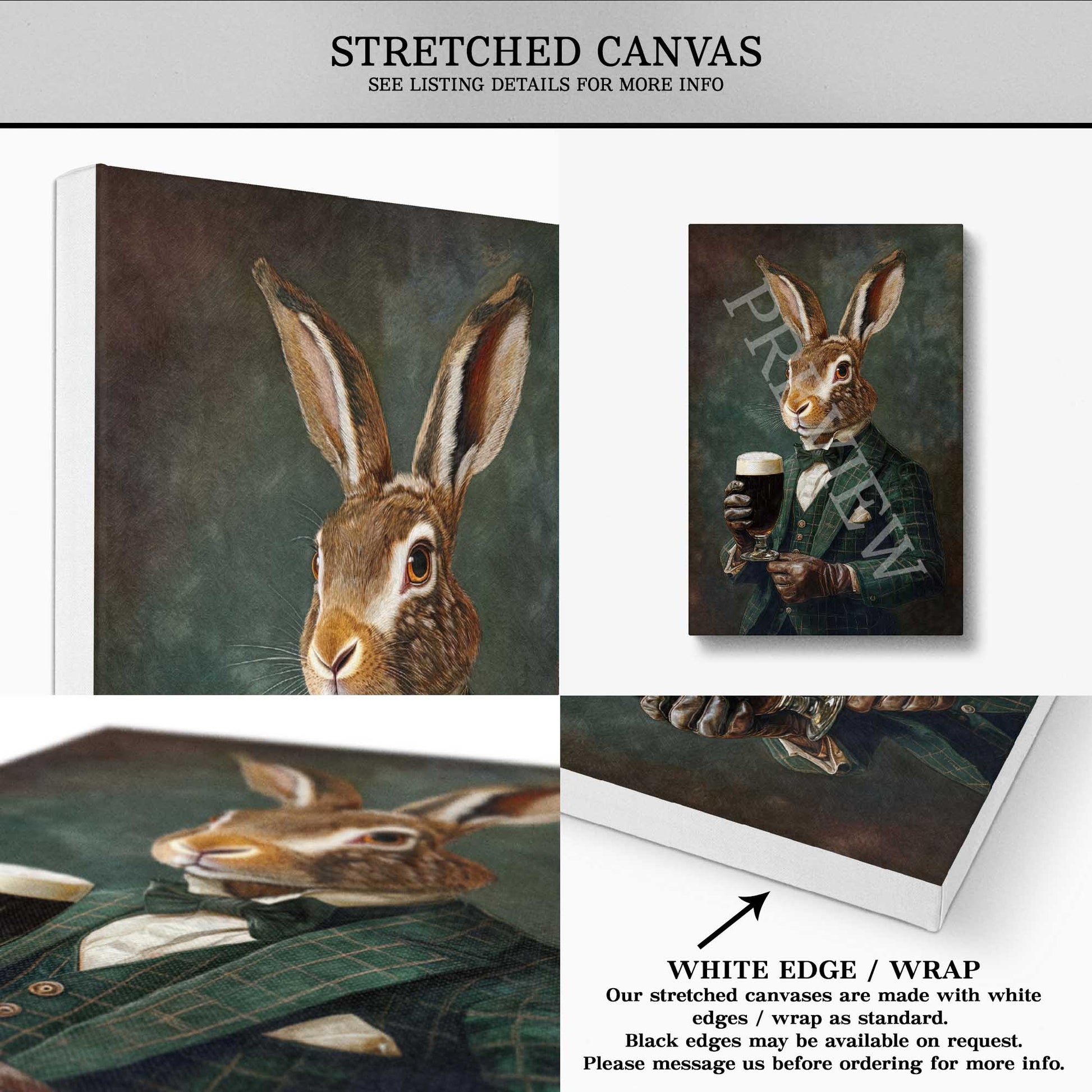 Hare Drinking Stout Wall Art Stretched Canvas - Vintage Panda Designs
