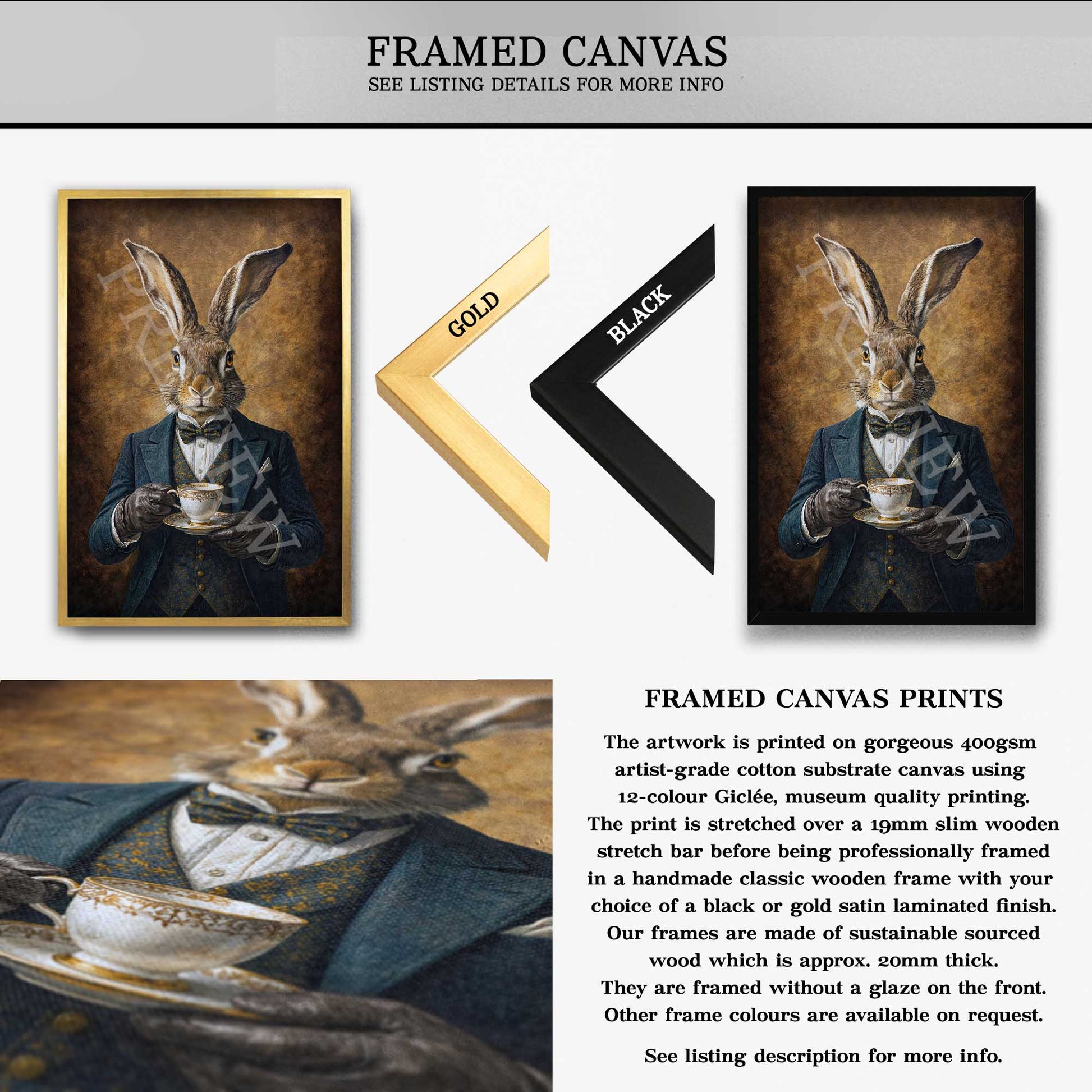 Hare_Drinking_Tea_Framed_Canvas_by_Vintage_Panda_Designs