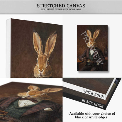 A canvas wall art mockup showing a rabbit dressed in formalwear holding a glass of whisky, with text reading 'STRETCHED CANVAS' and notes about white or black edges. The collage includes a large front view, a smaller angled view, a close-up detail, and a preview watermark across the artwork.