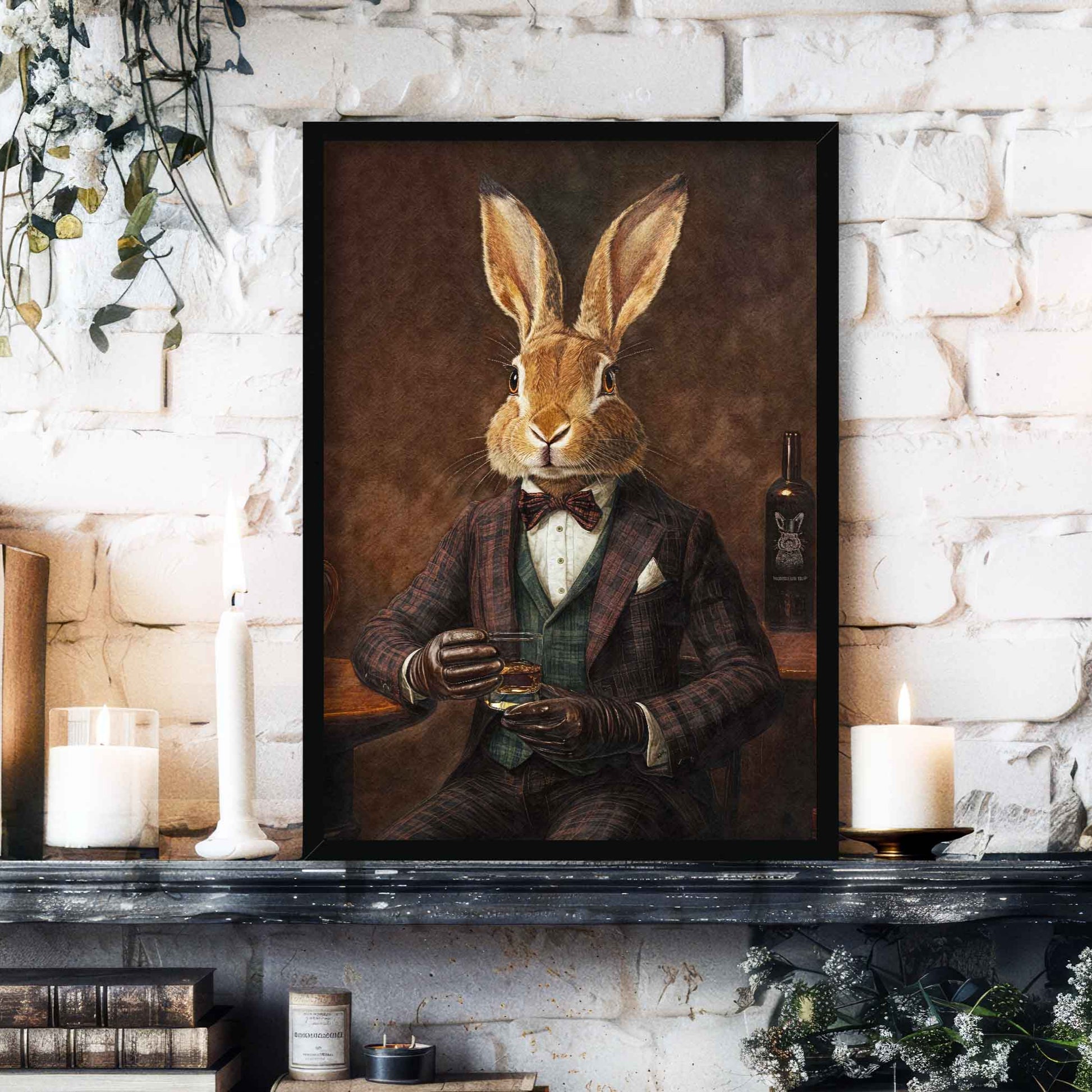Hare Drinking Whisky Wall Art Print Black Frame - Vintage Panda Designs