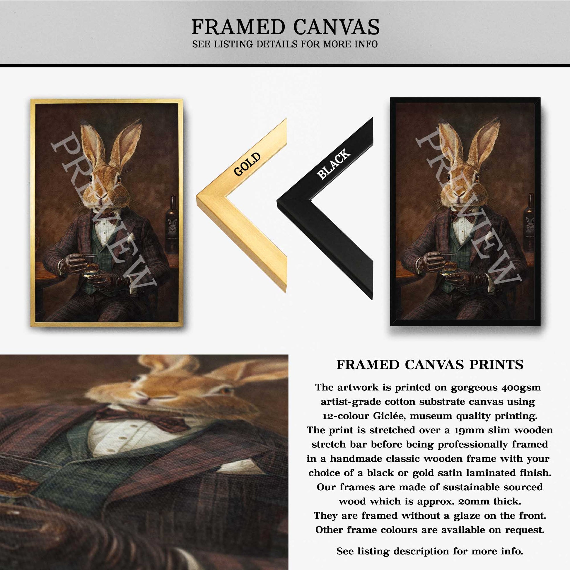 Hare Drinking Whisky Wall Art Print Framed Canvas - Vintage Panda Designs