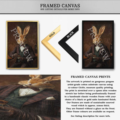 Hare Drinking Whisky Wall Art Print Framed Canvas - Vintage Panda Designs