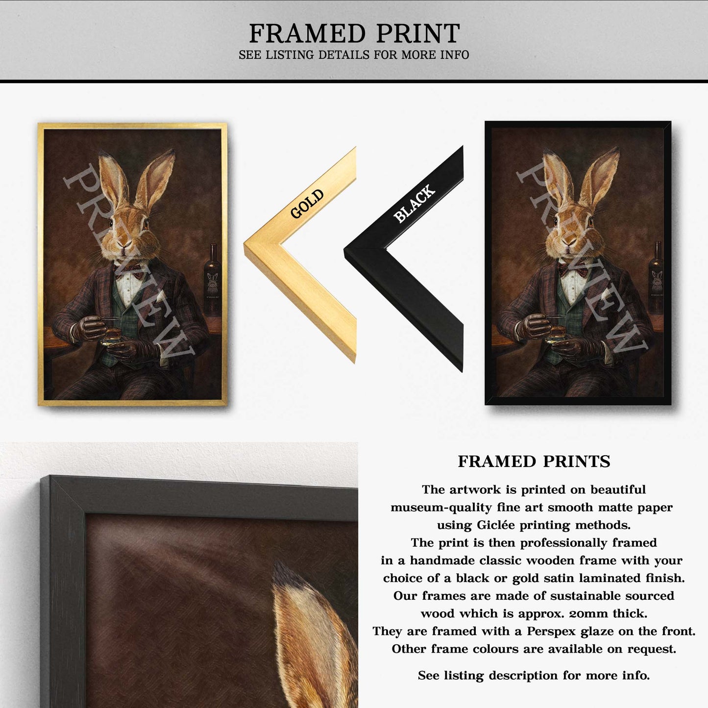 Hare Drinking Whisky Wall Art Print Framed Print - Vintage Panda Designs