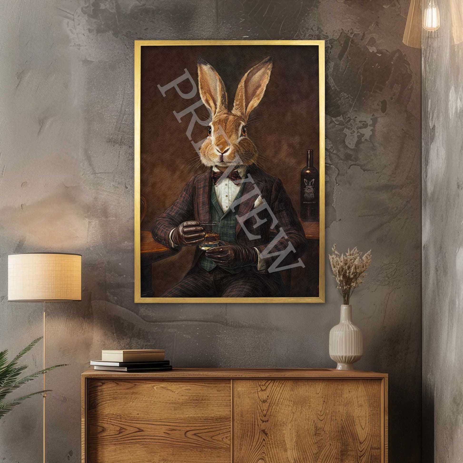 Hare Drinking Whisky Wall Art Print Gold Frame - Vintage Panda Designs
