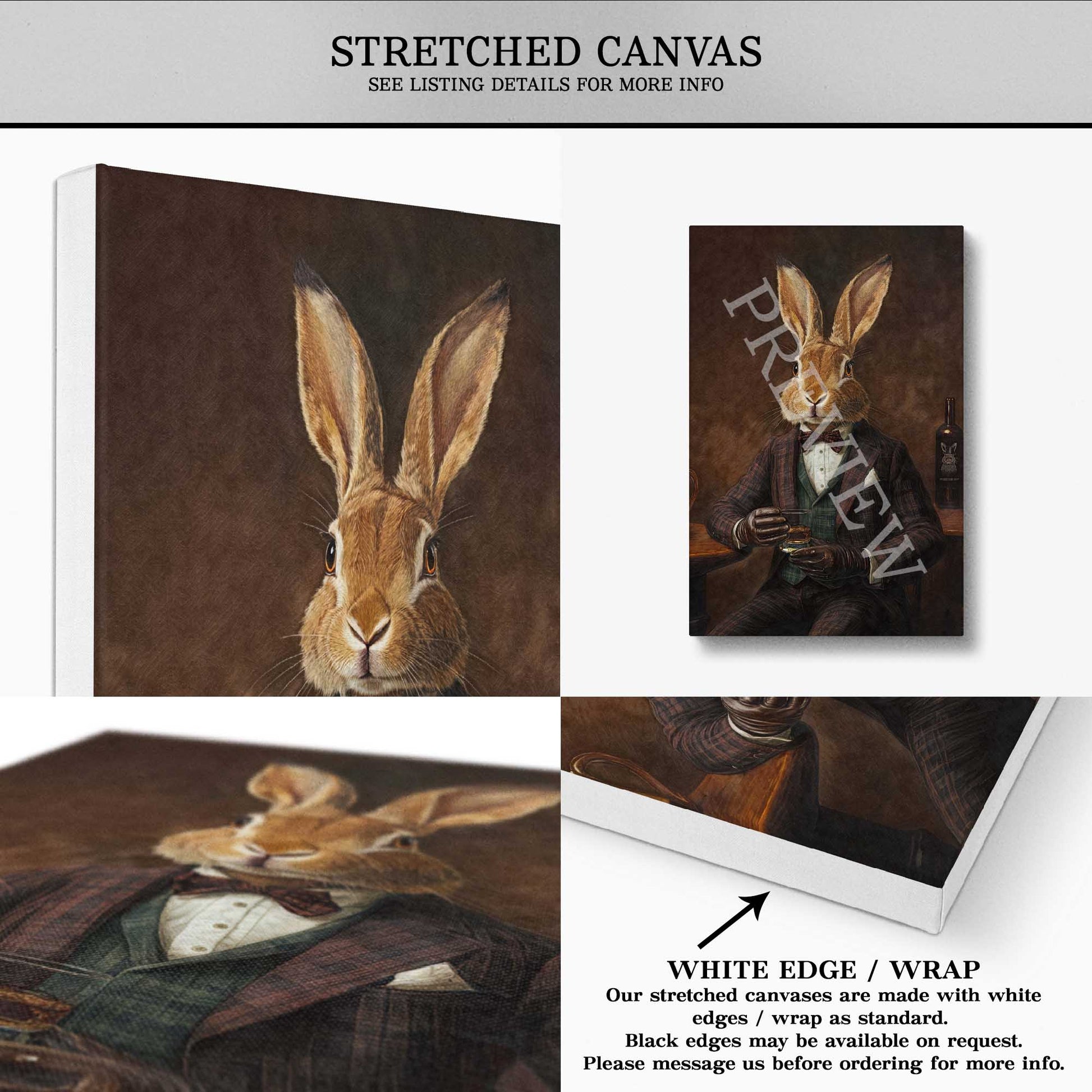 Hare Drinking Whisky Wall Art Print Stretched Canvas - Vintage Panda Designs
