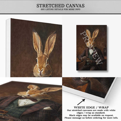 Hare Drinking Whisky Wall Art Print Stretched Canvas - Vintage Panda Designs