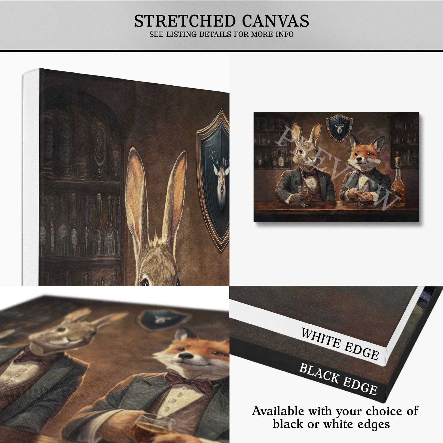 Collage of fox & hare in bar speakeasy animal-themed stretched canvas art with options for white or black edges.