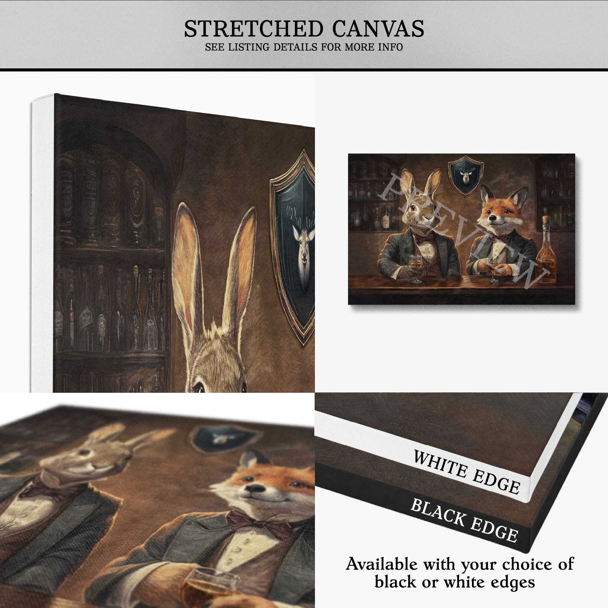 Collage of fox & hare in bar speakeasy animal-themed stretched canvas art with options for white or black edges.