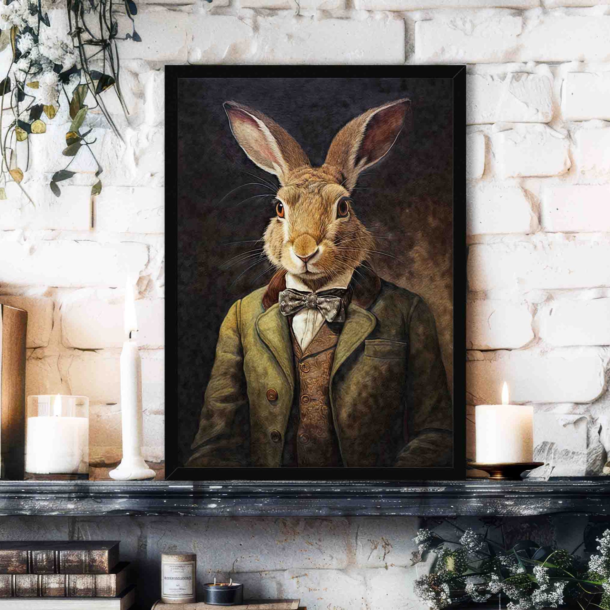 Hare Gentleman Wall Art Print Black Frame by Vintage Panda Designs