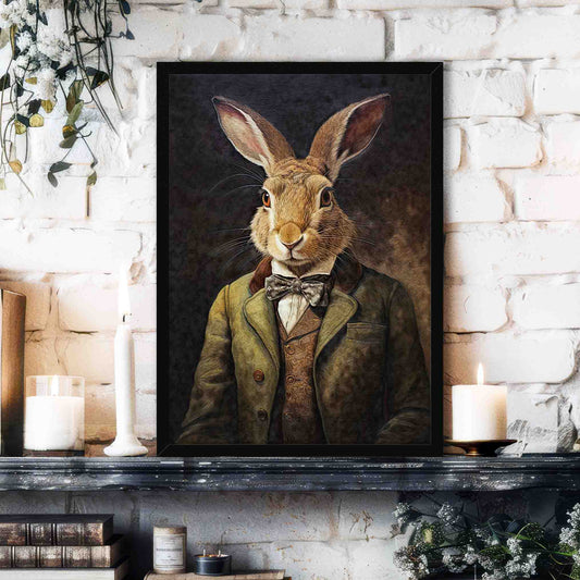 Hare Gentleman Wall Art Print Black Frame by Vintage Panda Designs