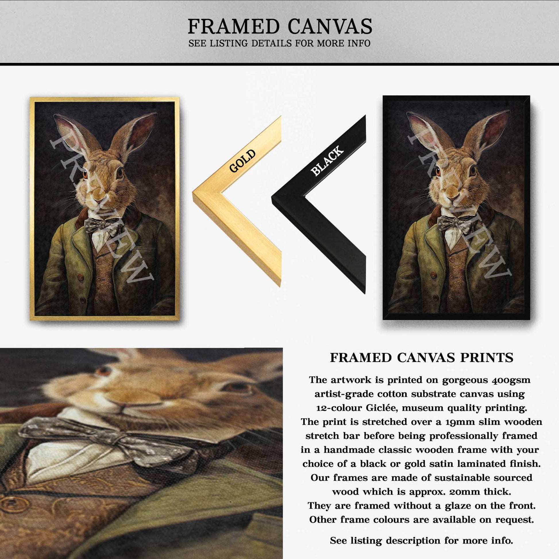Hare Gentleman Wall Art Print Framed Canvas by Vintage Panda Designs