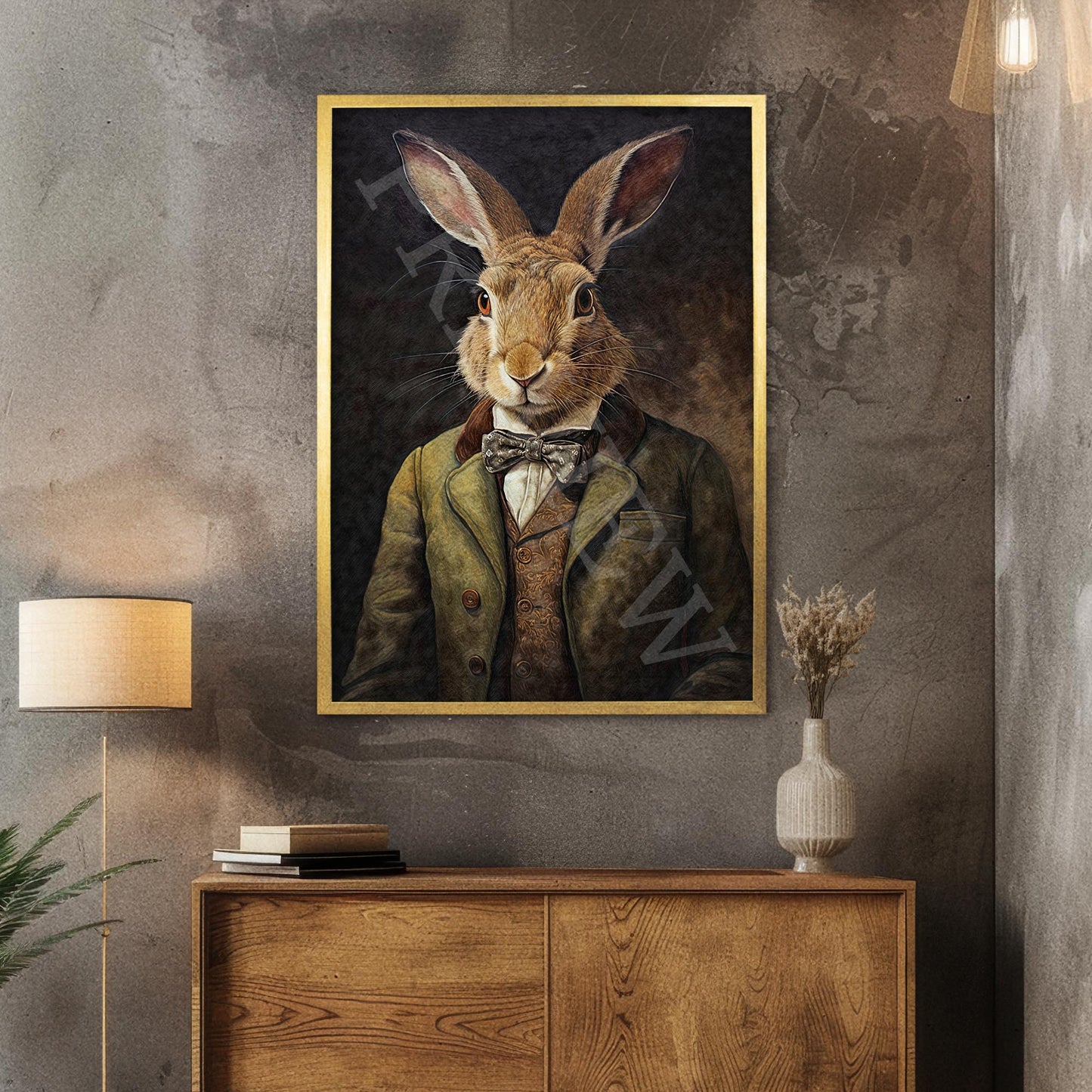 Hare Gentleman Wall Art Print Gold Frame by Vintage Panda Designs